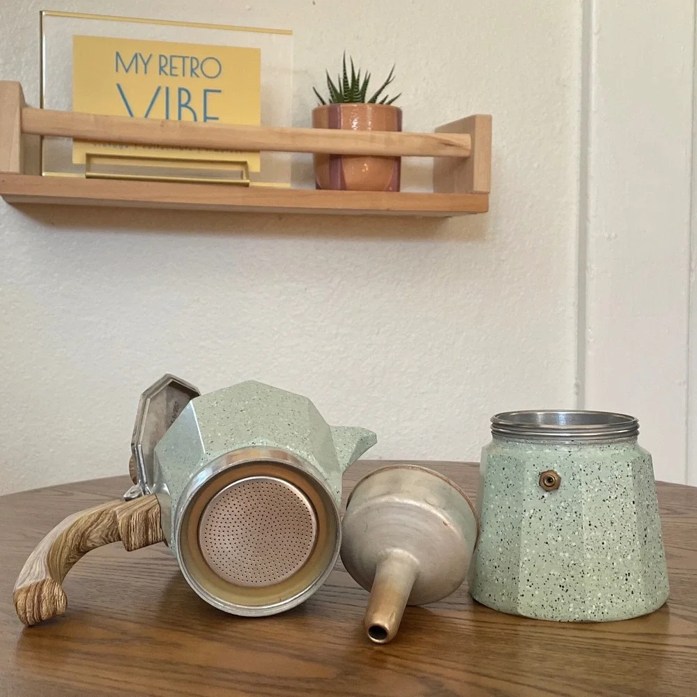 Grosche Milano Moka Pot Stovetop Espresso Maker Mint Green Speckled Wood Handle